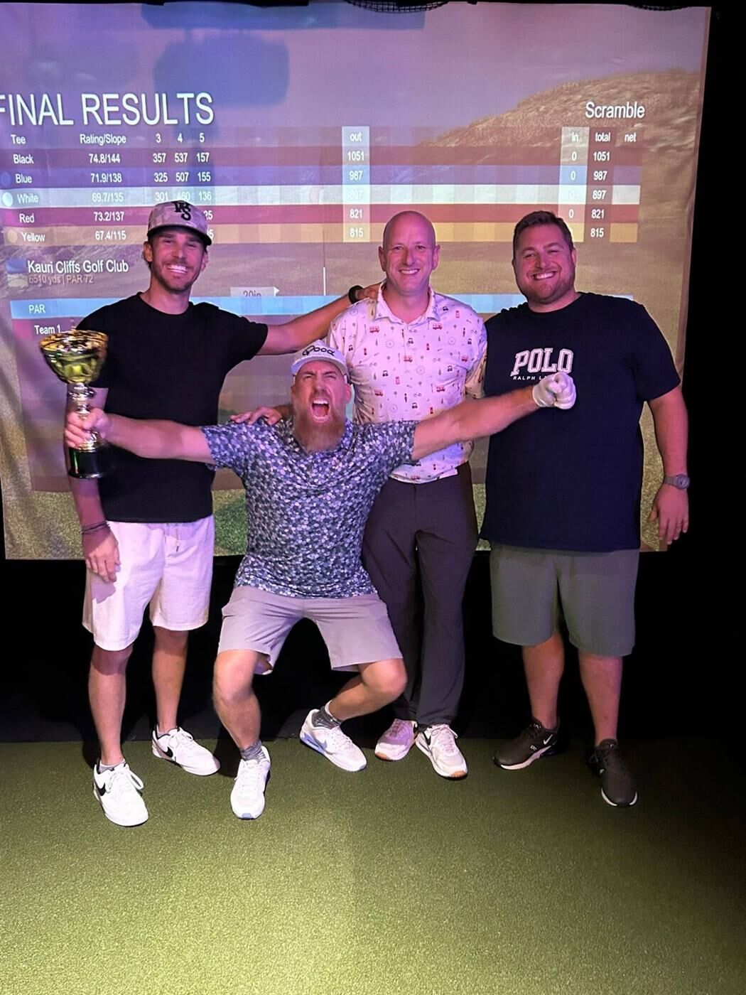 Friday Scramble winners celebrating with the trophy in front of the simulator scoreboard